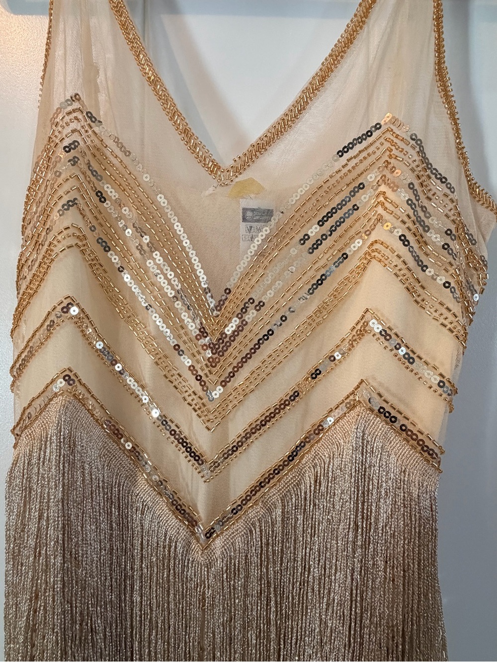 Gold Sequin Fringe Mini Dress with V-Neck Spaghetti Straps - Picture 2 of 7